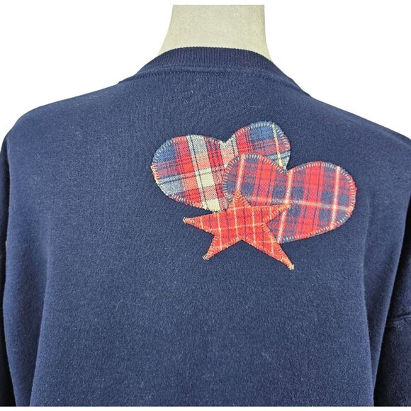 VTG Womens LG Sweater Open Cardigan Jerzees Patchwork Heart Navy Blue Applique - Picture 5 of 16